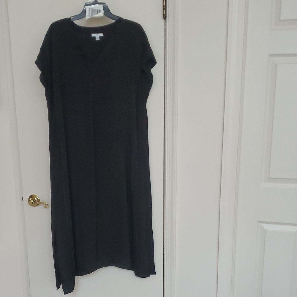 Halston Heritage Black Poly Maxi V-Neck Caftan Size M 49"L